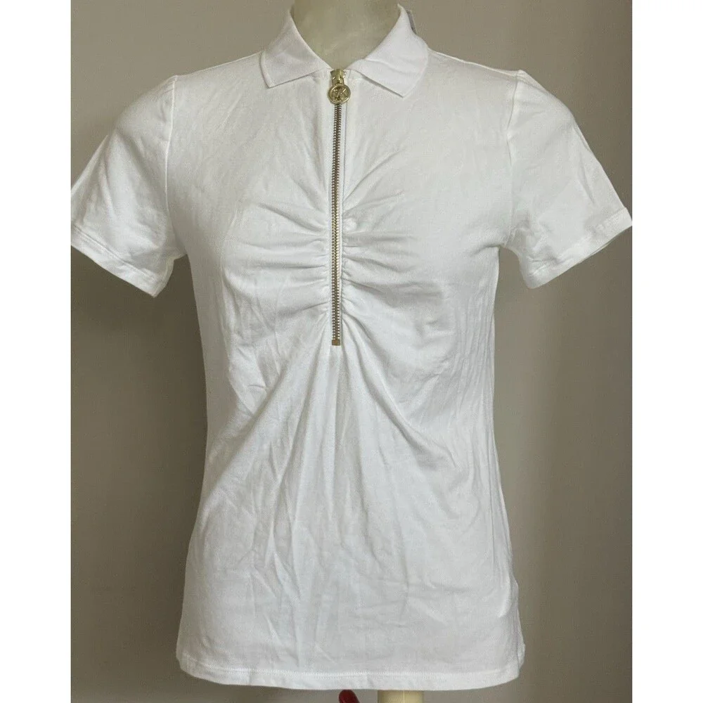 NEW Michael Kors MK Ruched Half Zip Polo T- Shirt Top Women’s White Sz XS